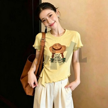 【佈小九】女生短T 短袖【人棉260克】夏木耳邊短袖T恤女圓領不規則上衣