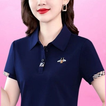 翻領減齡polo衫 上衣 polo衫 簡約媽媽夏季繡花休閒百搭短袖polo衫減齡上衣 多巴胺穿搭 夏日服飾 韓國辣妹裝