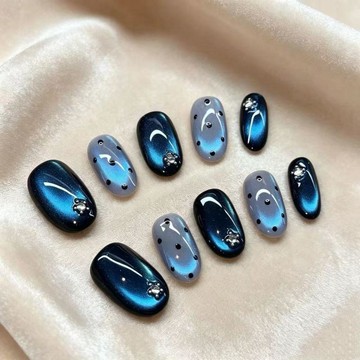 💕小紅書同款💕春日氛圍藍色玻璃珠貓眼穿戴純手工星星爆閃高級短款漸變美甲氣質✨好物甄選