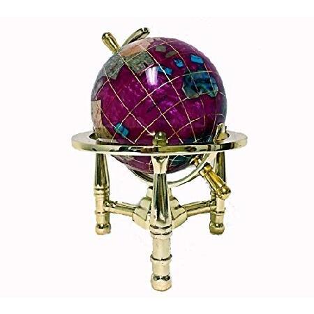 Unique Art 6" Tall Pink Pearl Swirll Tripod Gold Leg Table Stand World Map Gemstone Globe