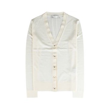 TORY BURCH Simone 金扣T字LOGO細緻V領羊毛真絲混紡開襟衫(女款/象牙白)