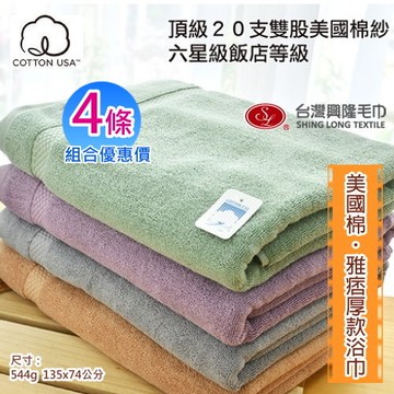 美國棉．雅痞雙股厚款浴巾(4條浴巾組 加贈大方巾1條 )【台灣興隆毛巾專賣】飯店等級厚度