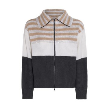 Brunello Cucinelli - Black Beige And White Virgin Wool And Cashmere Blend Cardigan