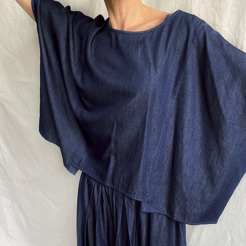 藍染方型裁減仿天絲牛仔上衣