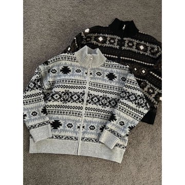 國潮cleanfit費爾島圖騰提花拉鍊針織小外套男女重磅加厚情侶毛衣冬