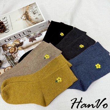 【HanVo】學院風黃色小花刺繡保暖襪 日系簡約吸濕排汗透氣 保暖休閒襪 女生配件 A12-6294