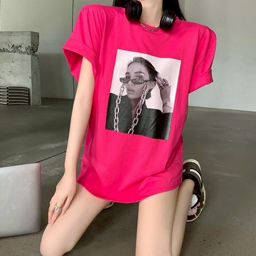 夏季新款港味時尚印花短袖t恤女韓版寬松休閑百搭中長款半袖上衣