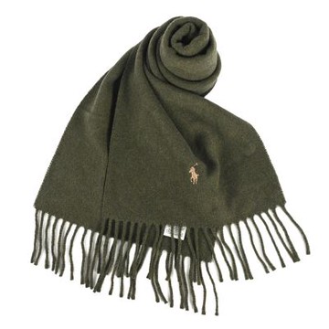 RALPH LAUREN POLO 小馬刺繡LOGO素面純羊毛圍巾-橄欖綠色系