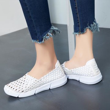 夏季透氣編織老北京布鞋女一腳蹬懶人休閑小白鞋子百搭鏤空舒適款