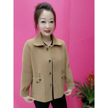 秋冬女常規大衣類似雙面絨毛呢面料純色百搭休閑方領排扣開衫外套