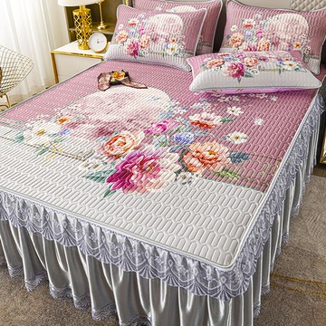 夏季床裙款乳膠涼席三件套1.8m床防滑冰絲席空調軟席子可水洗拆卸