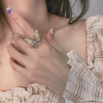 超仙氣質彩色滴油蝴蝶開口戒指女網紅同款鑲鉆冷淡風食指飾品