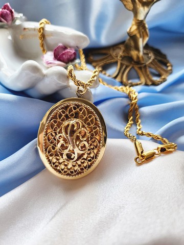 美國西洋古董飾品 /麻花金繩藝術花框藤捲LOCKET項鍊/長鍊/復古
