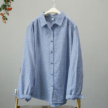 秋季條紋雙層紗棉質長袖襯衫女百搭顯瘦百搭柔軟襯衣外搭上衣