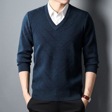 V領羊毛衫男不起球可機洗毛衣雞心領中年爸毛線衣加厚大碼打底衫