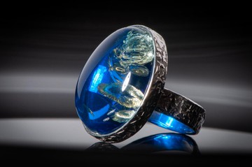 4.5號尺寸戒指 手工銀戒鑲嵌藍琥珀與天然閃光石