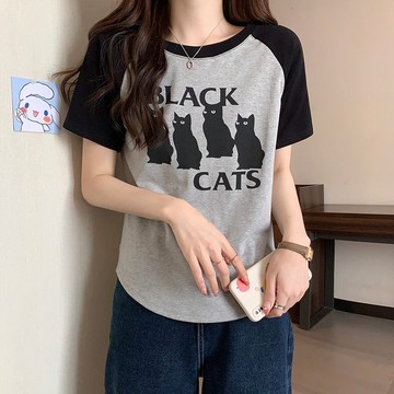 Chubchic~ 150kg大碼女裝胖mm黑貓短袖正肩t卹夏季寬鬆撞色設計感百搭上衣潮