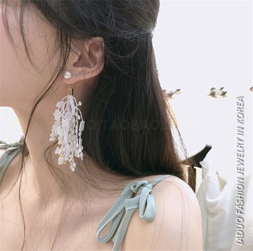 少女心網紅耳環潮人超仙氣質流蘇蕾絲花朵珍珠長款耳飾耳釘耳墜女1入