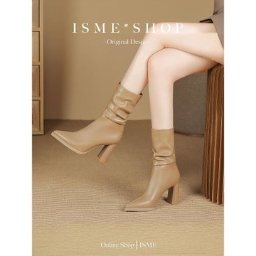 高跟鞋尖頭瘦瘦靴褶皺漆皮英倫風秋冬新款粗跟堆堆時尚靴網紅晚晚