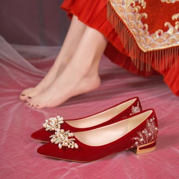婚鞋女粗跟2025年新款酒紅色高跟鞋細跟中式秀禾不累腳平跟新娘鞋