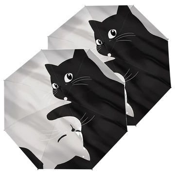 Well Life 悅生活 GoTrip微旅行 防曬遮雨晴雨傘 三折自動款 Set 2支  太極貓 黑色 + 白色