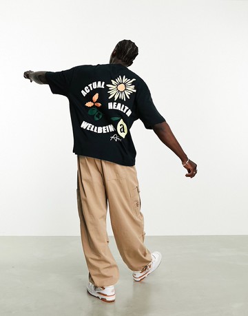 ASOS Actual oversized t-shirt in black with floral back print