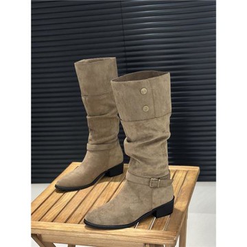 套筒復古褶皺不過膝長筒靴女靴秋冬兩穿長靴子絨面尖頭彈力騎士靴