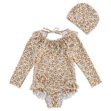 愛北鼻 ins女童泳衣 小橘子 長袖圓領連體泳衣+泳帽 兒童泳裝  110碼  1入