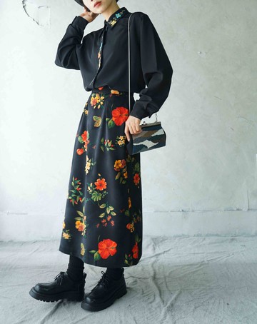 設計手作-寫意古典復古花卉印花黑色長裙