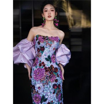 紫色繁花 新娘結婚敬酒服訂婚生日年會演出主持人晚禮服晨袍19881