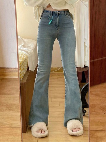 鉛筆褲大碼復古微喇牛仔褲女高腰顯瘦梨形身材毛邊喇叭馬蹄長褲春秋