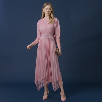 【YUTZUYA 優姿雅】典雅珠光蕾絲拼接拋袖百褶長洋裝