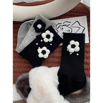 韓版立體珍珠花朵襪子女黑灰色百搭ins潮日系可愛外穿春秋網紅款