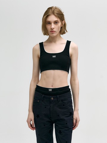 Ribbed Fitted Elastic Lace Top [Black]
