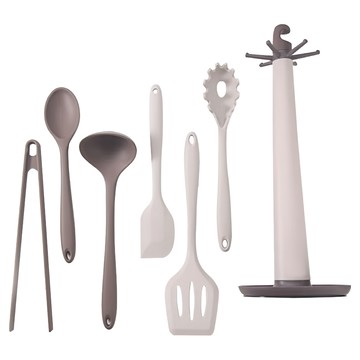 SUnORO 韓版耐熱矽膠廚具7件套裝  煎鏟 + 撈麵勺 + 刮刀 + 湯勺 + 密勺 + 食物夾 + 收納架  1組