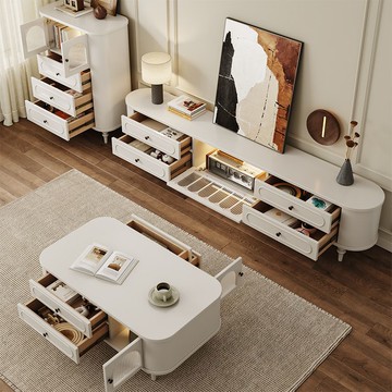 法式電視機柜復古奶油風實木電視機茶幾組合客廳家用中古風儲物柜 h7222