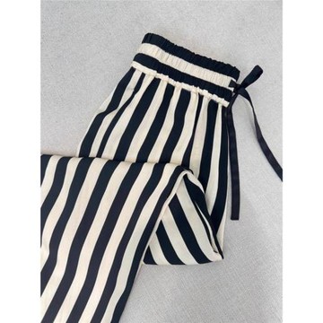 日系棉麻褲子女薄款天絲亞麻褲條紋闊腿褲夏季直筒小個子垂感長褲