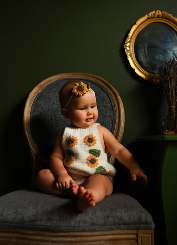 Sunflowers 連身衣，手工編織嬰兒連身衣，有機，羊駝毛，兒童，向日葵