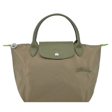 LONGCHAMP LE PLIAGE GREEN系列刺繡短把再生尼龍摺疊水餃包(小/朝鮮薊綠)