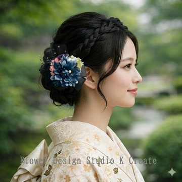 藍色大理石花與櫻花緞帶髮夾 畢業典禮 入學典禮 婚禮 外出 發表會 藍色 深藍色 薄紗 緞帶 髮飾