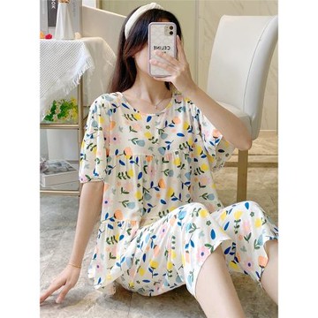 2022年新款短袖中褲棉綢睡衣女夏季薄款套裝人造棉大碼綿綢家居服