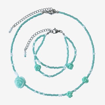 玫瑰綴飾薄荷綠串珠頸鍊 手鍊 生日禮物