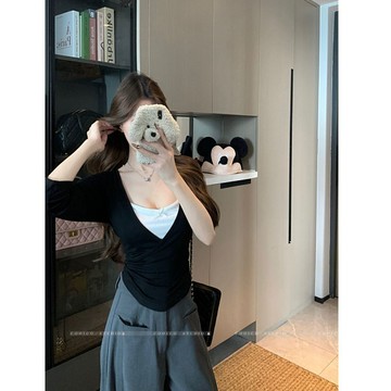 【FOH】女生上衣 七分袖 打底衣 修身 假兩件上衣 夏天衣服 顯瘦穿搭 拼接上衣