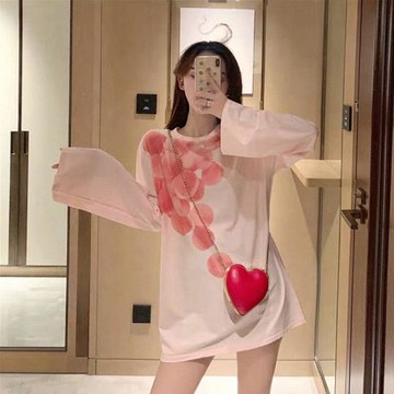 水粉色長袖t恤女春秋季深圳歐貨中長款印花打底衫大碼遮屁股上衣