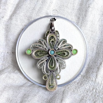 長版藍綠雙色仿金花式捲紙珠飾古典風項鍊