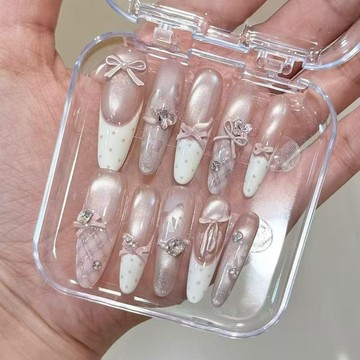 <台灣>法式立體蝴蝶結半手工穿戴甲  碎鉆細粉少女心粉色美甲貼片  顯白可愛假指甲 甲片可拆卸