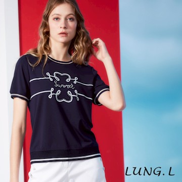 LUNG.L林佳樺 藍色搭配白色繩結膠印短袖棉質女裝T恤LS88A