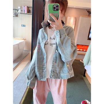 AMYOYOJA韓國新款 秋一衣兩穿超個性短款字母印花寬松牛仔外套女