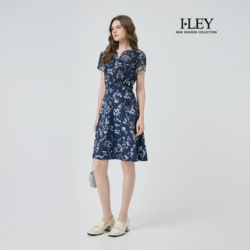 ILEY伊蕾 小V領排釦收腰印花雪紡洋裝(深藍；M-2L)