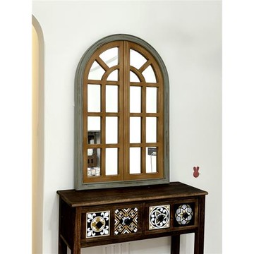 美式木質仿真假窗戶裝飾掛件法式復古木窗框陽臺墻面做舊拱形鏡子